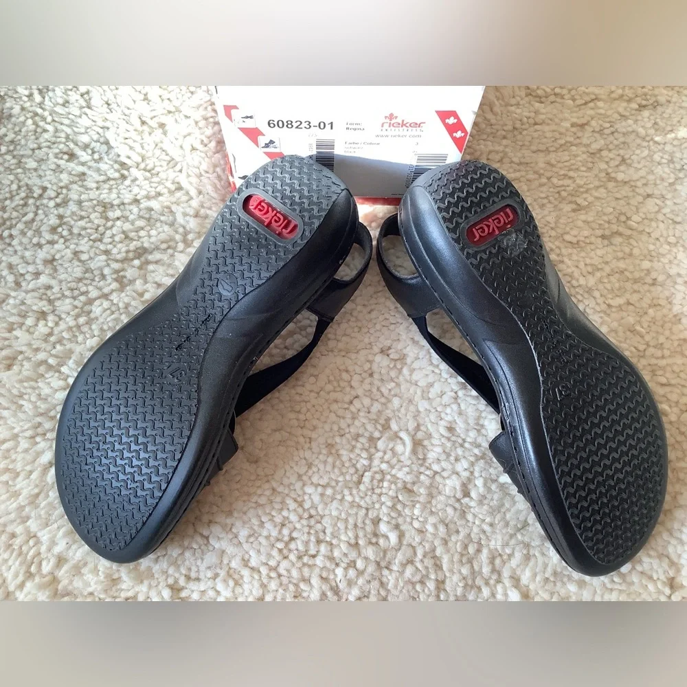 Rieker US sz 6. EU sz 37 Black & Silver Sandals Open Toe Design Slingback w/flaw - Picture 4 of 5